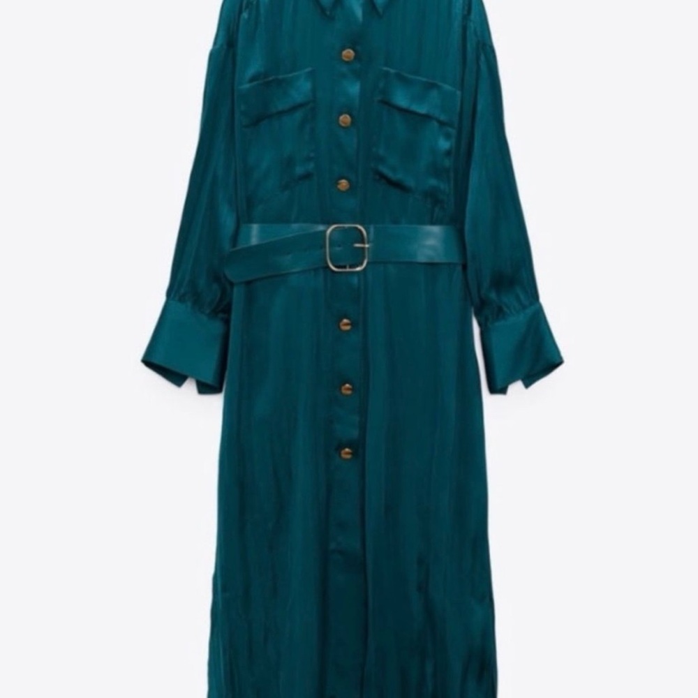 Zara Teal Long Sleeve Dress with Belt - Picture 3 of 7